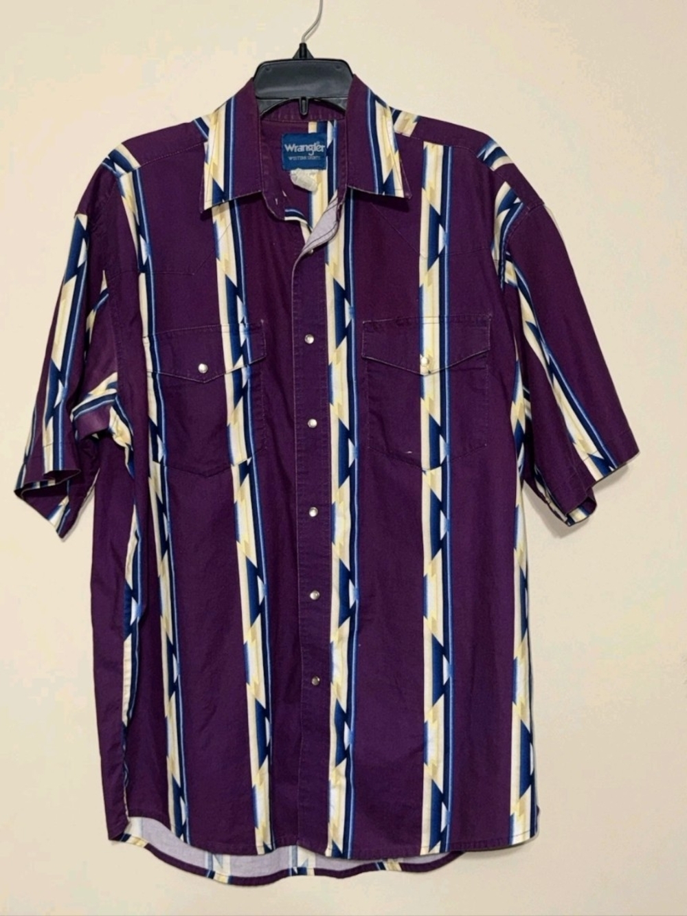 Vintage Wrangler Men's Purple Striped Short-Sleeve Pearl Snaps Western Shirt